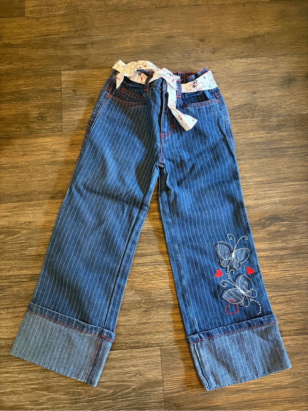 Y2K Girls Faded Glory Wide Leg Pin Stripped Butterfly Cuffed Denim Jeans Size 4 - Picture 2 of 5